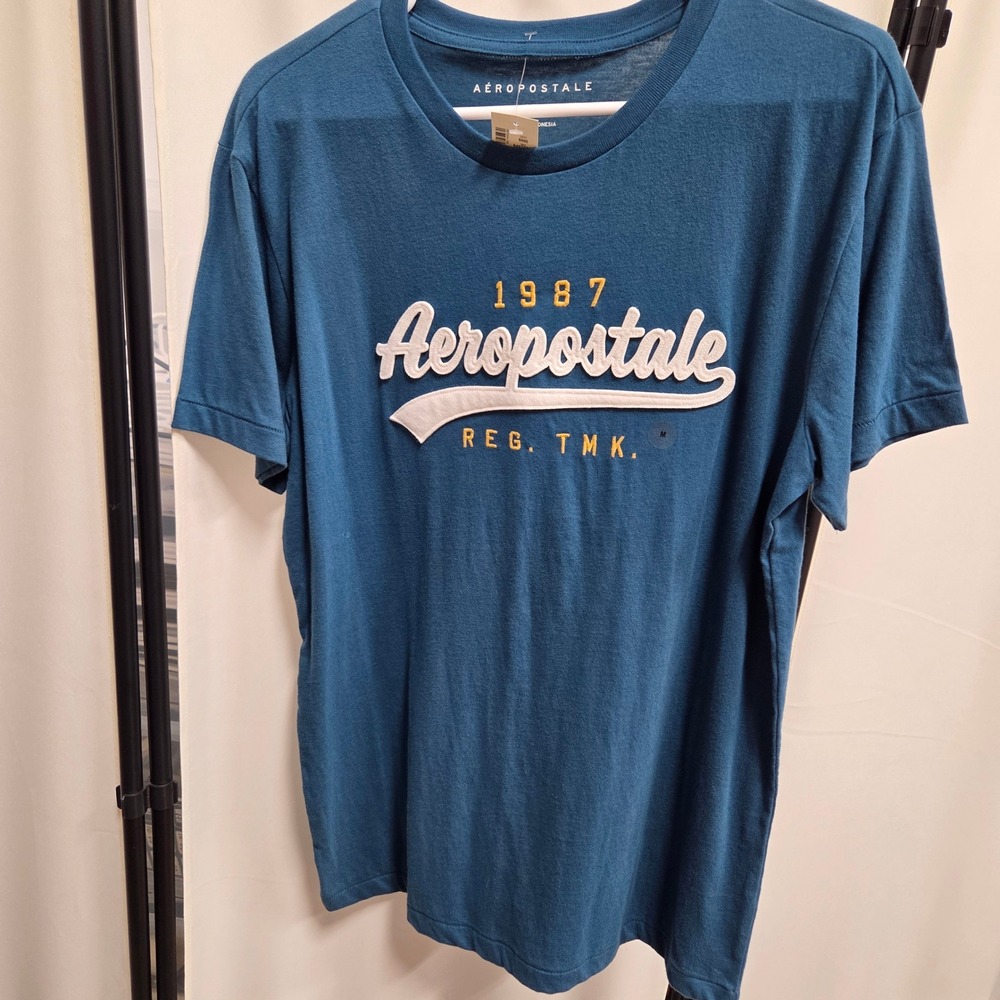 Aeropostale Mens 1987 Graphic Tee Teal Blue Short Sleeve Logo T-Shirt Size M NEW
